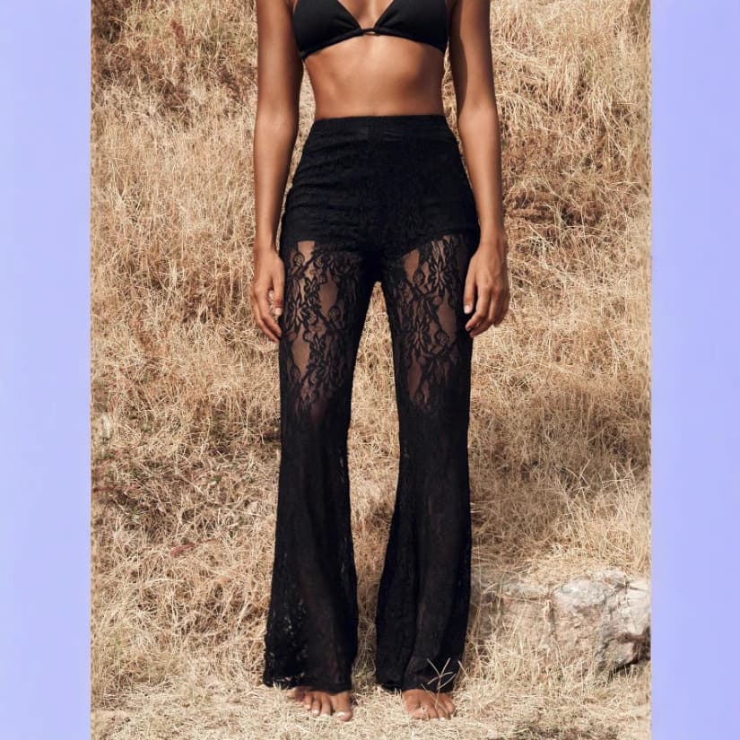 European and American Cross-Border 2025 French Style Lace High Waist Elastic Band Casual Bell Bottoms European Fashion New Style
