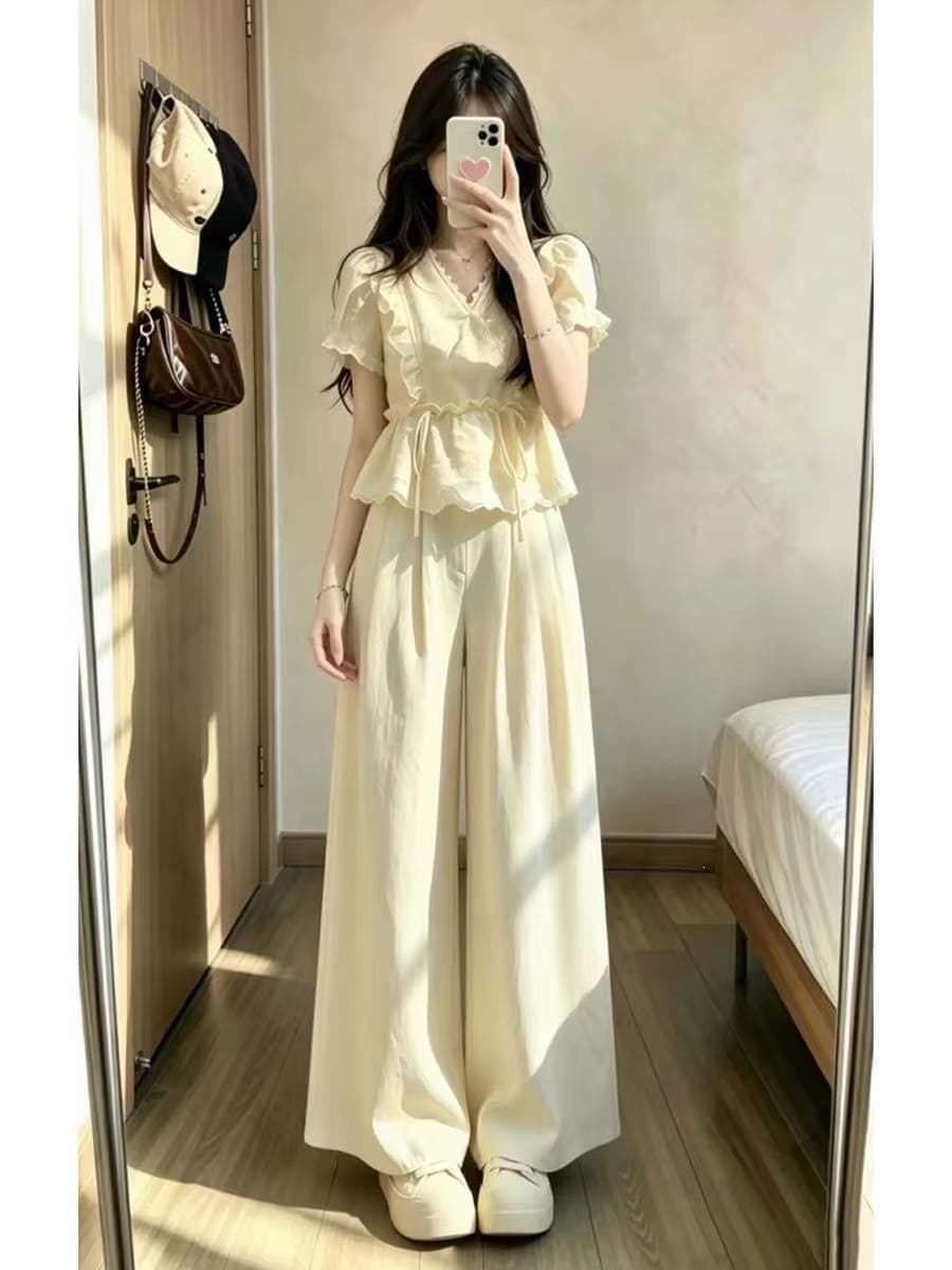 Korean Style Super Chic OOTD Outfit Set 2026 New Yellow Top Women's Summer Wide-Leg Pants Two-Piece Set