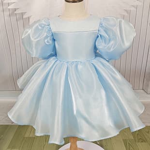 1st Birthday Gown 2026 New Blue Girl Puff Sleeve Princess Dress Kids Birthday Party Tutu Dress Children's Formal Dress
