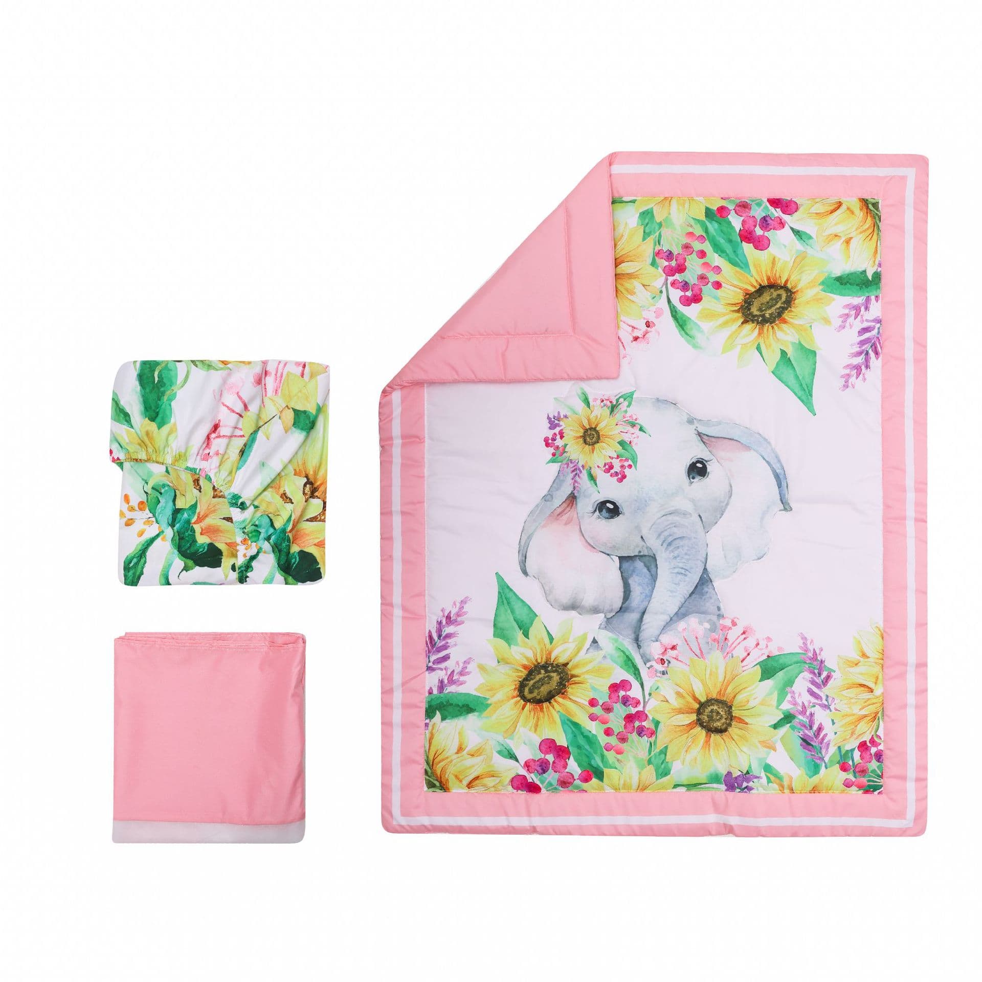 Newborn baby bedding set, including fitted sheet, sheet, and skirt (three-piece set).