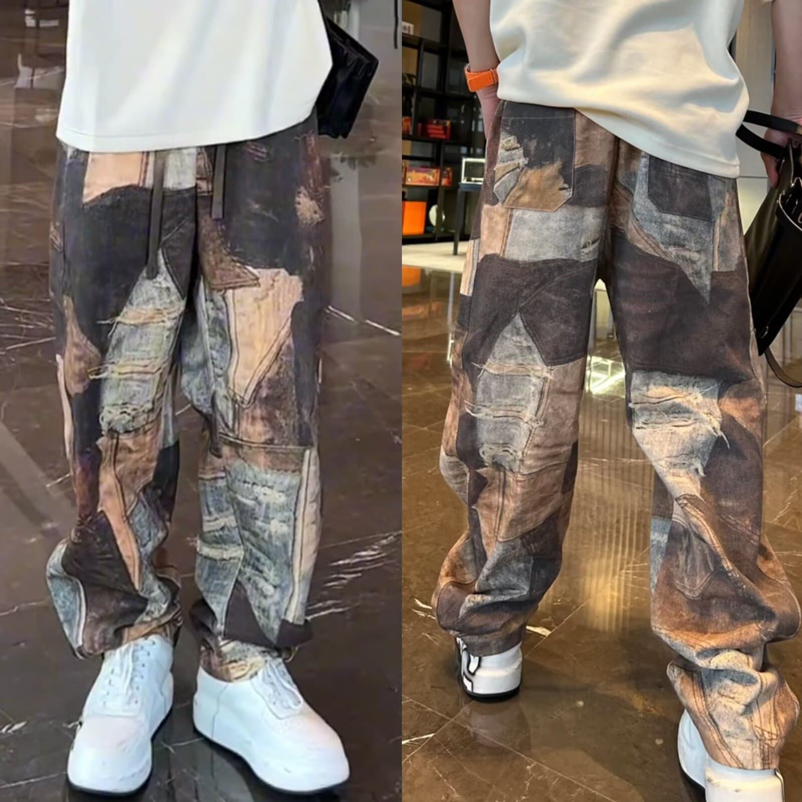 European and American niche digital printed American casual pants for men, trendy brand distressed European and American high street wasteland style retro straight pants