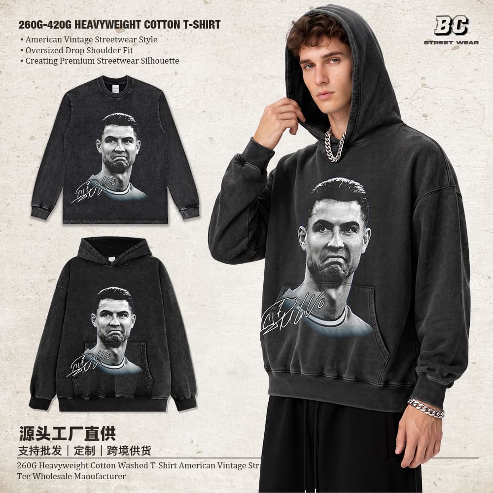 Cristiano Ronaldo American street print heavy short-sleeved T-shirt men's cross-border retro washed old beauty fashion pure cotton small neckline trend