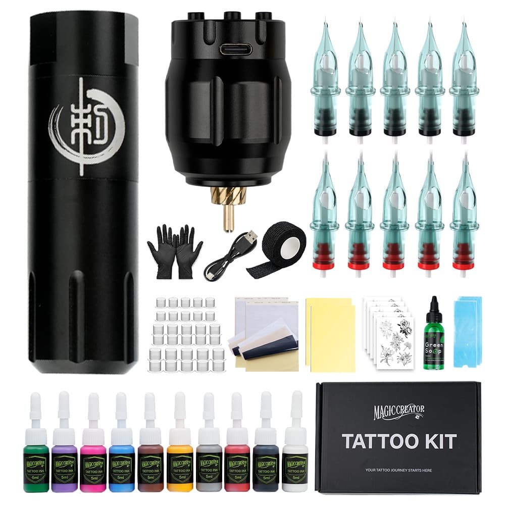Long Artist Tattoo Equipment, Tattoo Pen Kit Motor Machine Tattoo Including Wireless Power Supply, Pigment Complete Tattoo Equipment