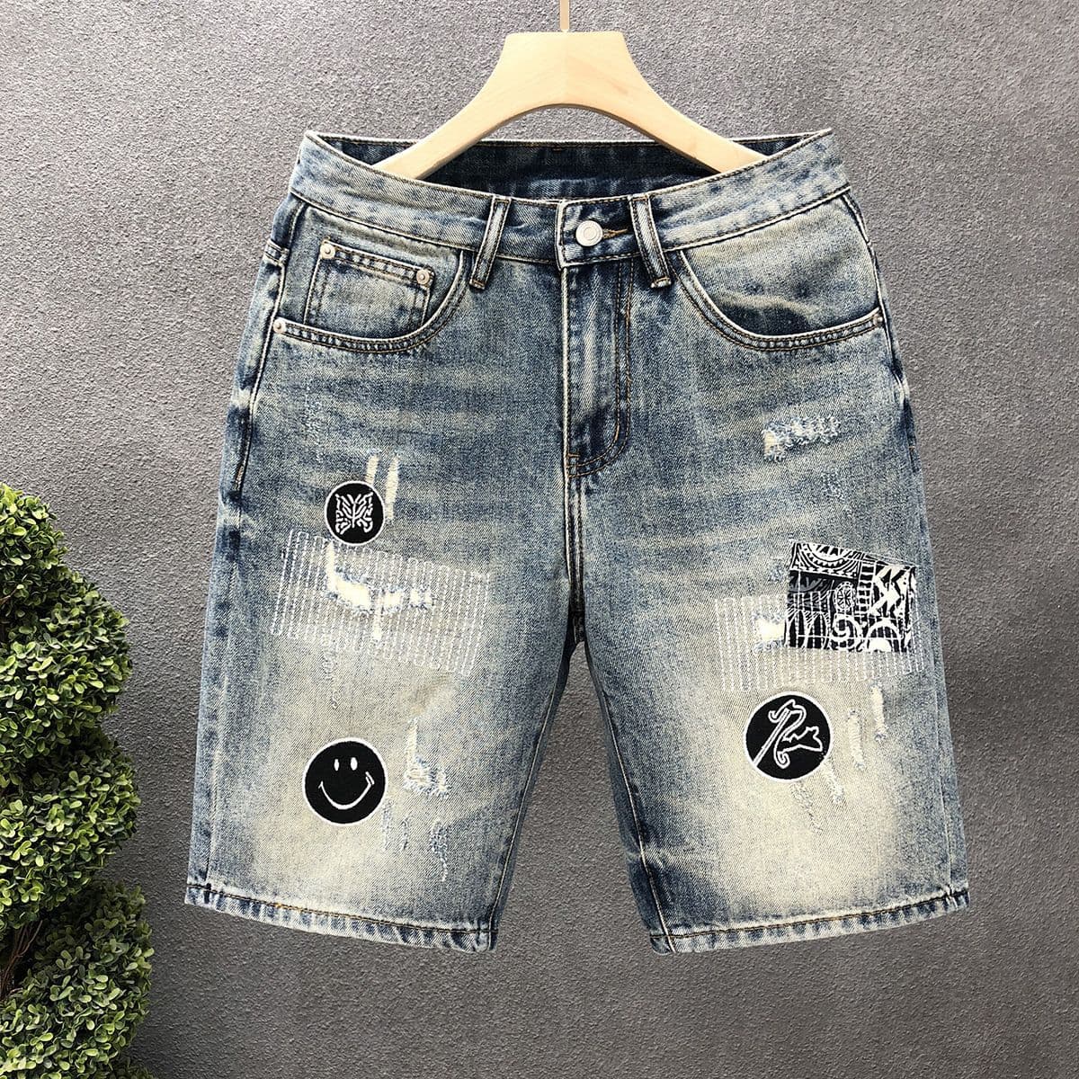 Men's Summer Fashionable Skinny Jeans Shorts Thin Korean Style Ripped Five-Point Elastic Trendy Brand Ins Mid-Length Pants