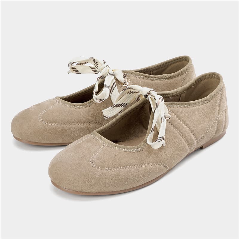 ZA2025 new autumn women's shoes beige suede leather lace-up ballet style flat shoes single shoe front lace-up