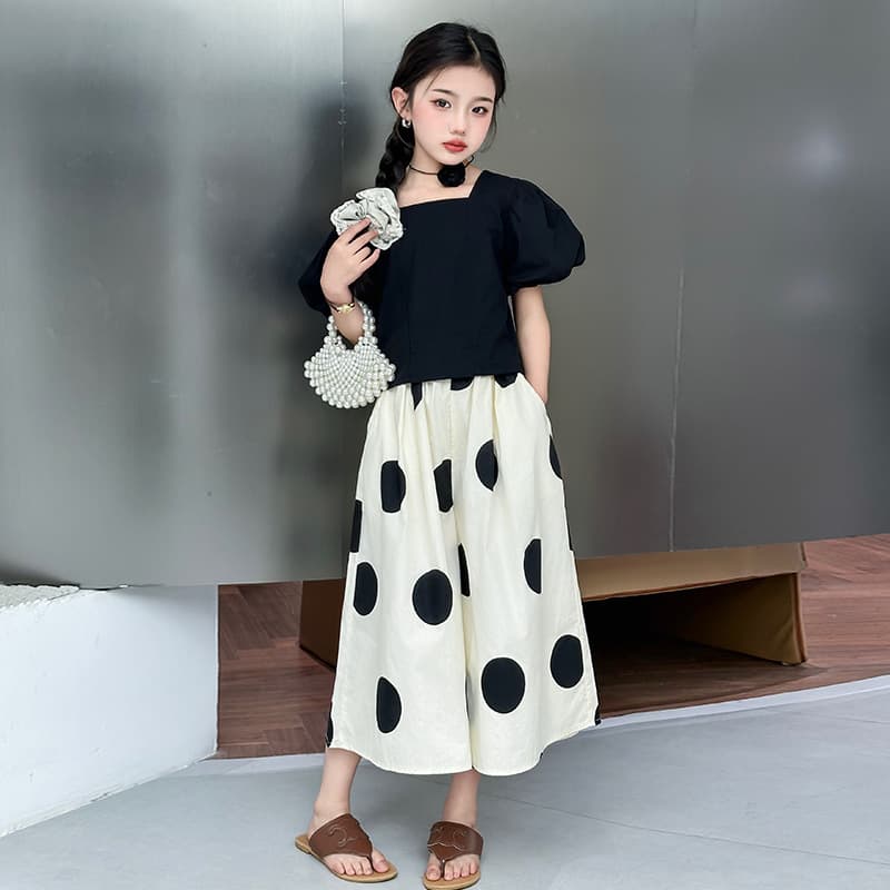 2025 New Girls' Summer Outfit Set, Trendy Large Children's Fashionable Bubble Sleeve Top with Thin Dress Pants Two-Piece
