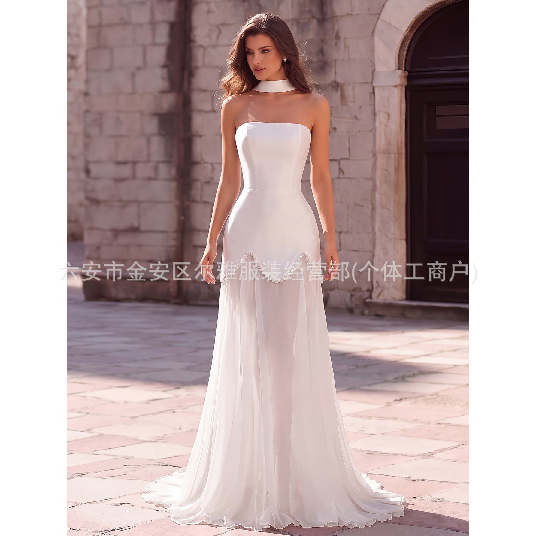Cross-border Exclusive White Halter Wrap Strapless Evening Dress Wave Pearl Lace Wedding Banquet Chiffon Light Wedding Dress
