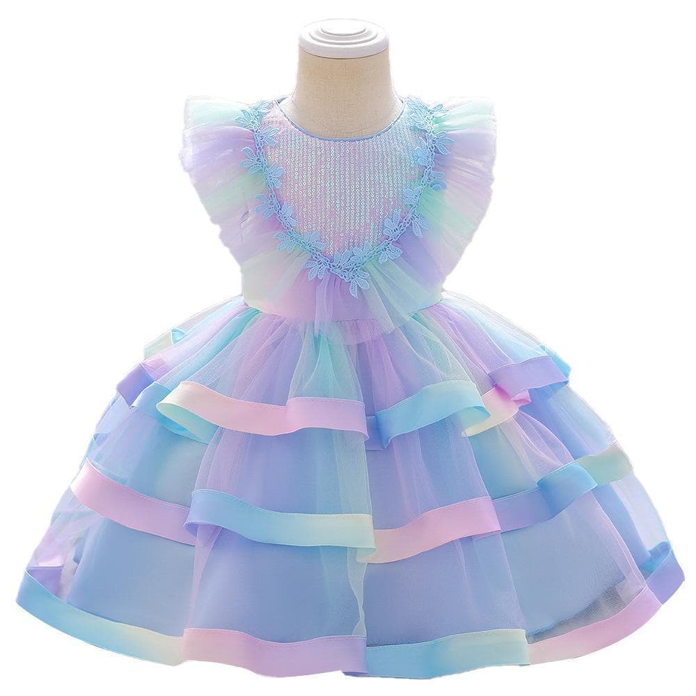 2024 Toddler Girl's Tulle Rainbow Color-Block Princess Dress Puffy Cake Dress Flower Girl Gown