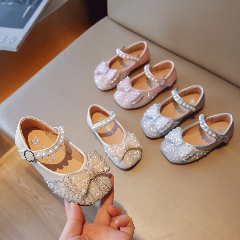 Girls Low-cut Leather Shoes 2025 Spring Autumn New Korean Style Children's Full Rhinestone Crystal Princess Shoes Pearl Performance Single Shoes