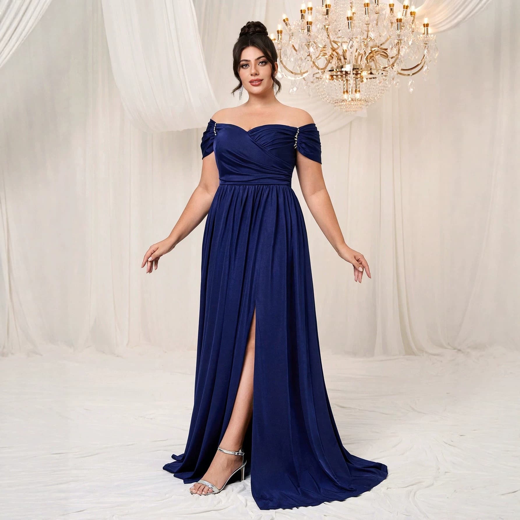 New Plus Size Elegant Dress Off-Shoulder Ruffle Design Split Flared Gown for Women - FMGN1904