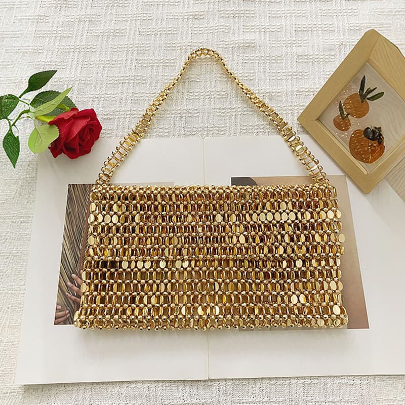 European and American Fashion Shiny Flat Melon Seed Beaded Bag Large Capacity Handbag Underarm Flap Women's Bag Handmade Casual Square