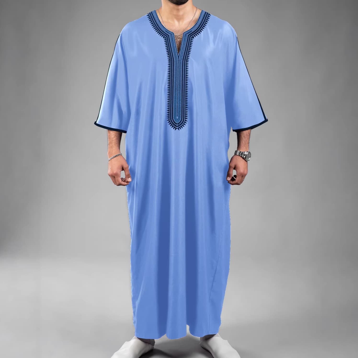 2026 New Solid Color Medium Sleeve 3D Digital Print Moroccan Men's Robe True Size