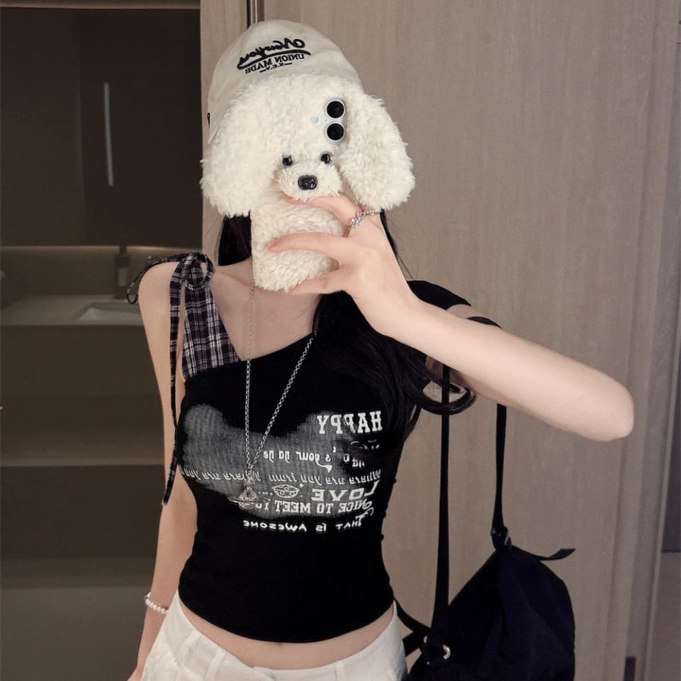 5146# Hot Girl Style Plaid Patch Asymmetric Shoulder Vest, Summer American Retro Letter Print Short Crop Slim-Fit Top