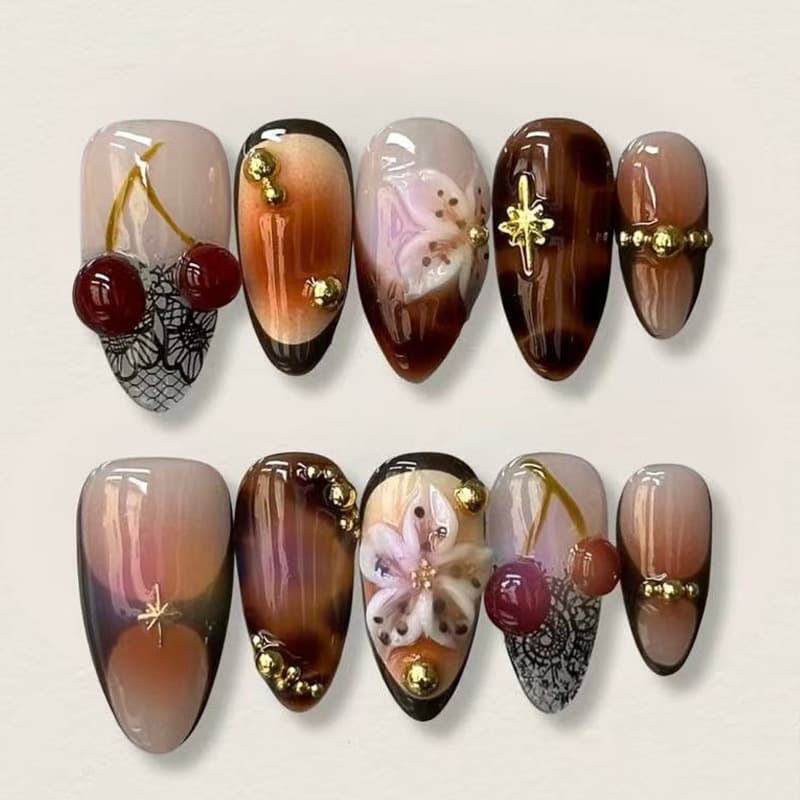 3D Cherry Blossom Rhinestone Press-On Nails, 24-Piece French Almond Nails, European and American Press-On Nails