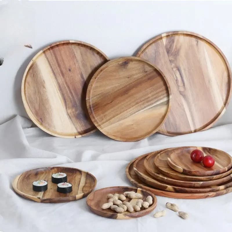 Cross-border Acacia Wood Round Tea Tray Wooden Serving Plate Dessert Plate Bread Dried Fruit Fruit Platter Tableware In Stock