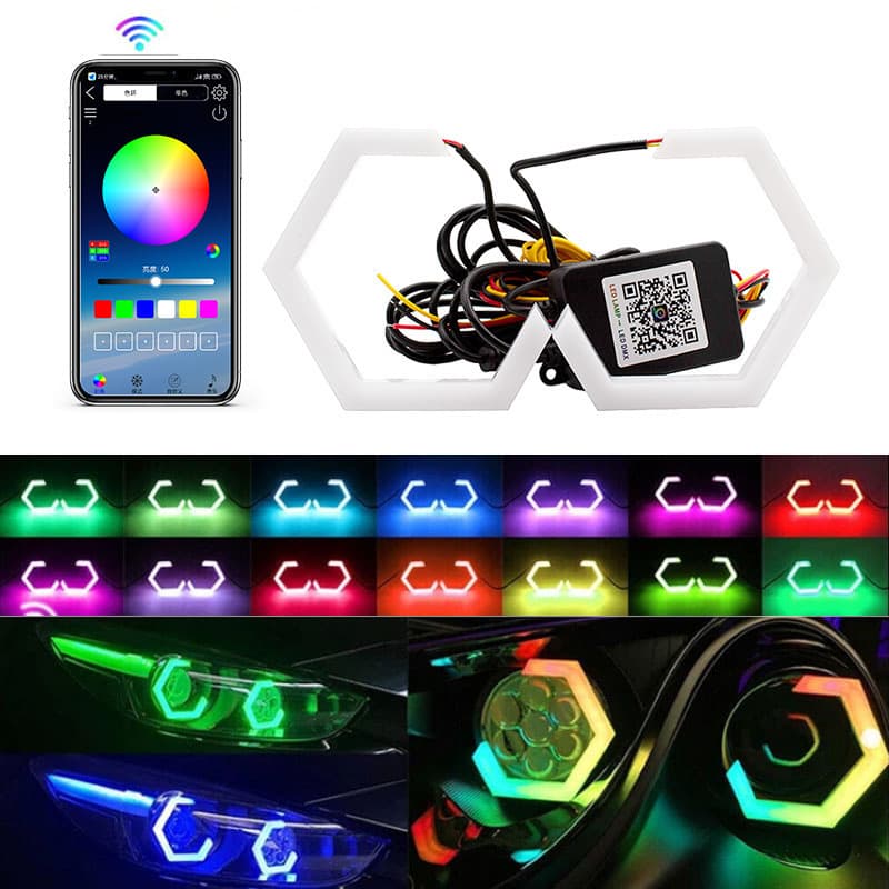 Colorful Angel Eye Ring Hexagonal Edge Diamond Seven-Color Running Light Decorative LED Dual-Light Lens Headlight