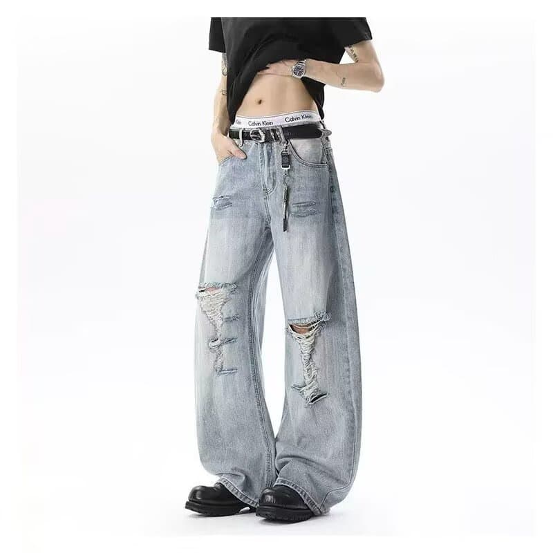 Wholesale American low-waist ripped loose wide-leg jeans for men and women summer scimitar wide-leg pants denim slimming pants