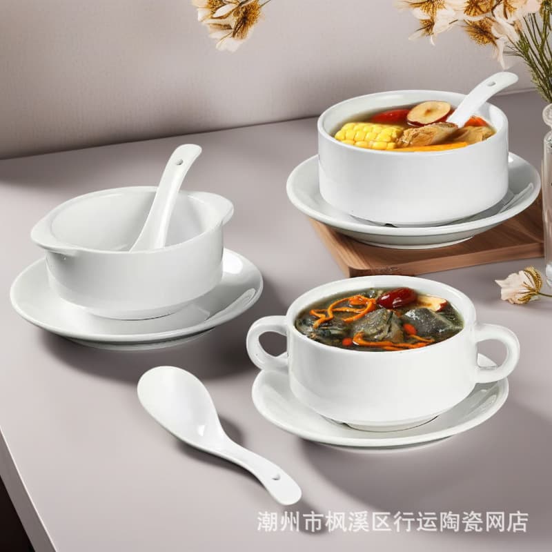 Customized pure white ceramic hotel western restaurant double-ear soup bowl soup cup with lid soup cup stew cup western dessert breakfast bowl