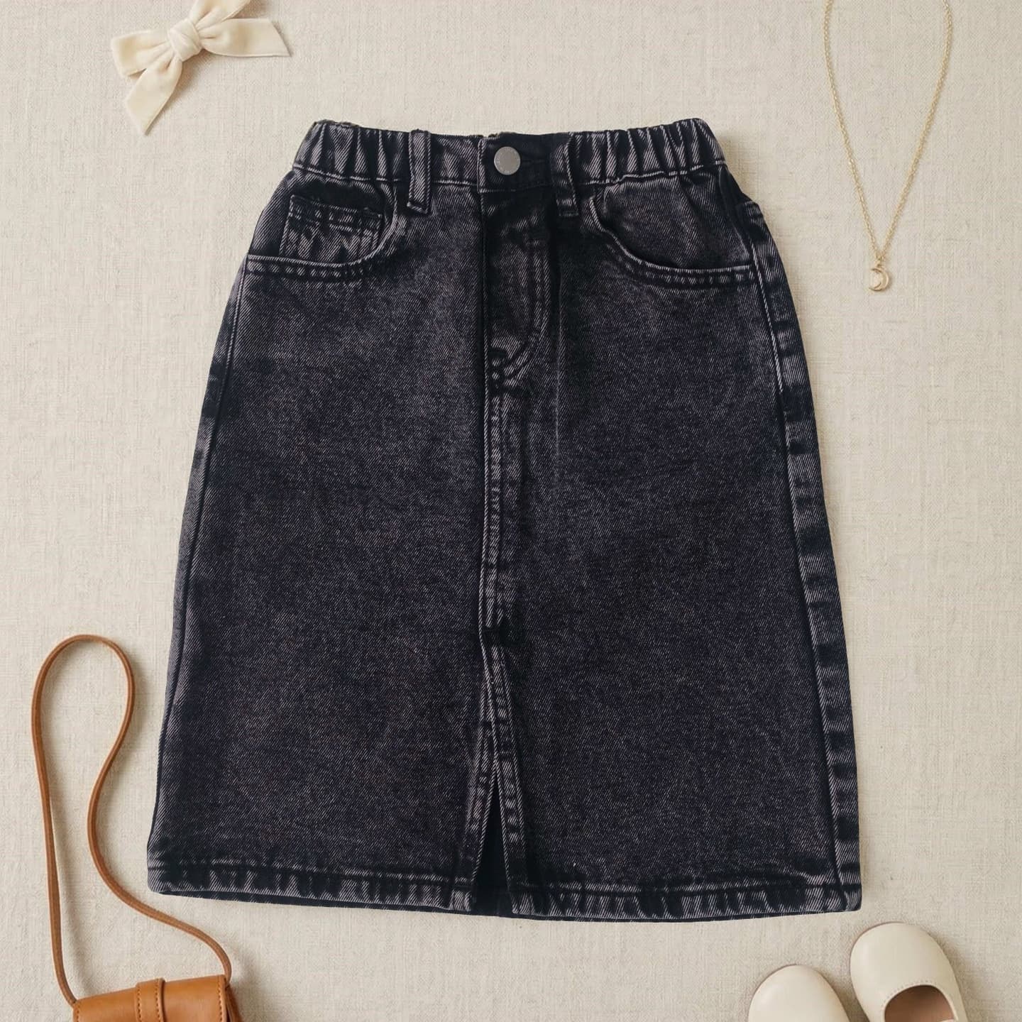 Spring and Autumn Girls' Black Washed Denim Skirt Elastic Waist Mid-Length A-Line Skirt Children's Versatile Hip Skirt
