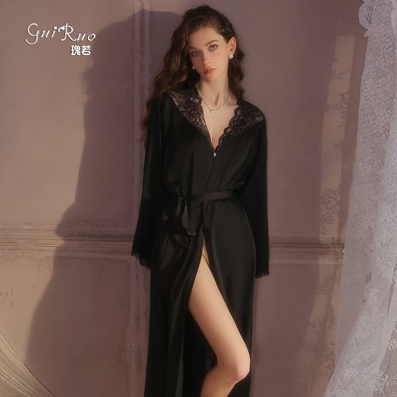 Sexy Robe with Sweet Temptation Lace Decoration, Pure Desire Smooth Satin Outer Robe Loungewear Set 5778
