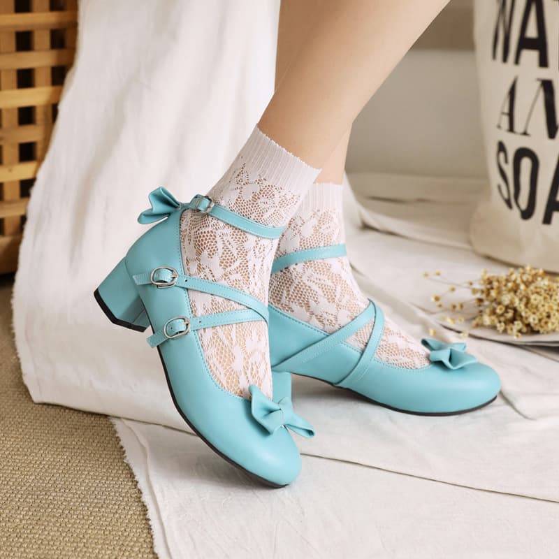 Women's Round-Toe Bow Strap Casual Shoes with Buckle Thick Medium Heel, Sizes 30-50, Export Shoes