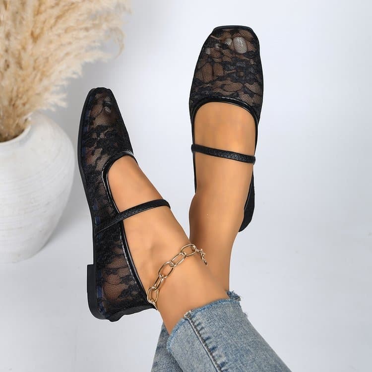 2026 New Black Lace Mesh Mary Jane Flat Shoes Square Toe Breathable Buckle Women's Shoes Cross-Border E-commerce