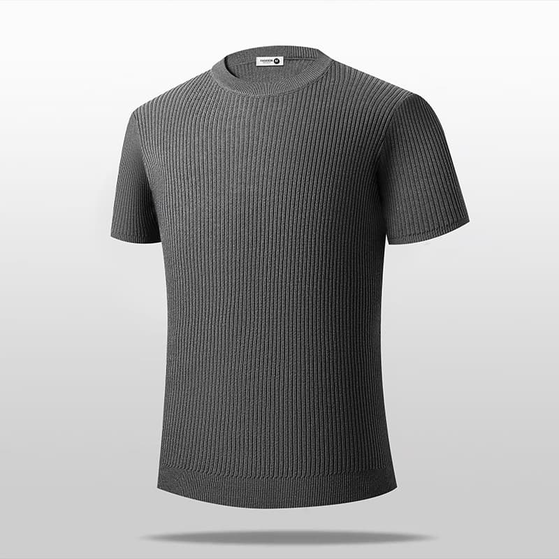Old Money Style Ice Silk Knitted Short Sleeve Men's T-Shirt Summer Breathable Comfortable Solid Color Vertical Stripe Casual Half Sleeve - Mesh