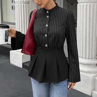 European and American Cross-Border Premium Women's Blouse 2026 Early Fall New Striped Waist-Nipping Patchwork Long-Sleeve Shirt for Commute