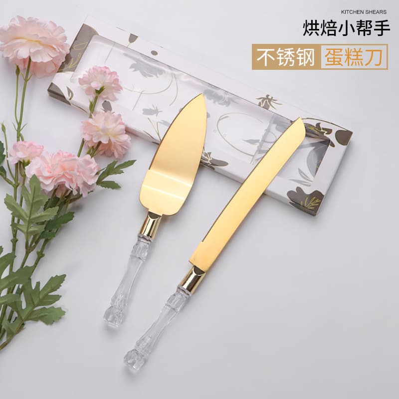 Cross-border Supply Golden Wedding Cake Knife and Spatula Set, Transparent Crystal Handle Pizza Knife and Spatula, Bread Knife, Baking Tools