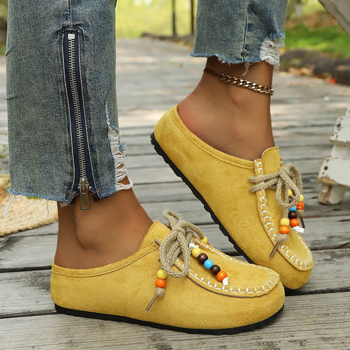 2026 New Export Style Colorful Beaded Ethnic Women's Shoes Retro Hemp Rope Lace-up Front Tie Plus Size Slip-on Shoes