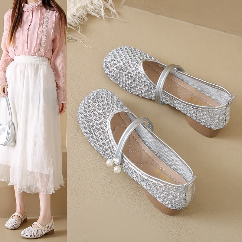 Fishnet Woven Low-Cut Flat Shoes for Women Summer Soft Sole Hollow Breathable Moccasin Shoes with One-Strap Mary Jane Sandals for Dresses