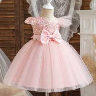Spring Summer New Girls' Pink Dress Big Kid Sequins Mesh Skirt Flower Girl Wedding Performance Princess Dress Cross-Border
