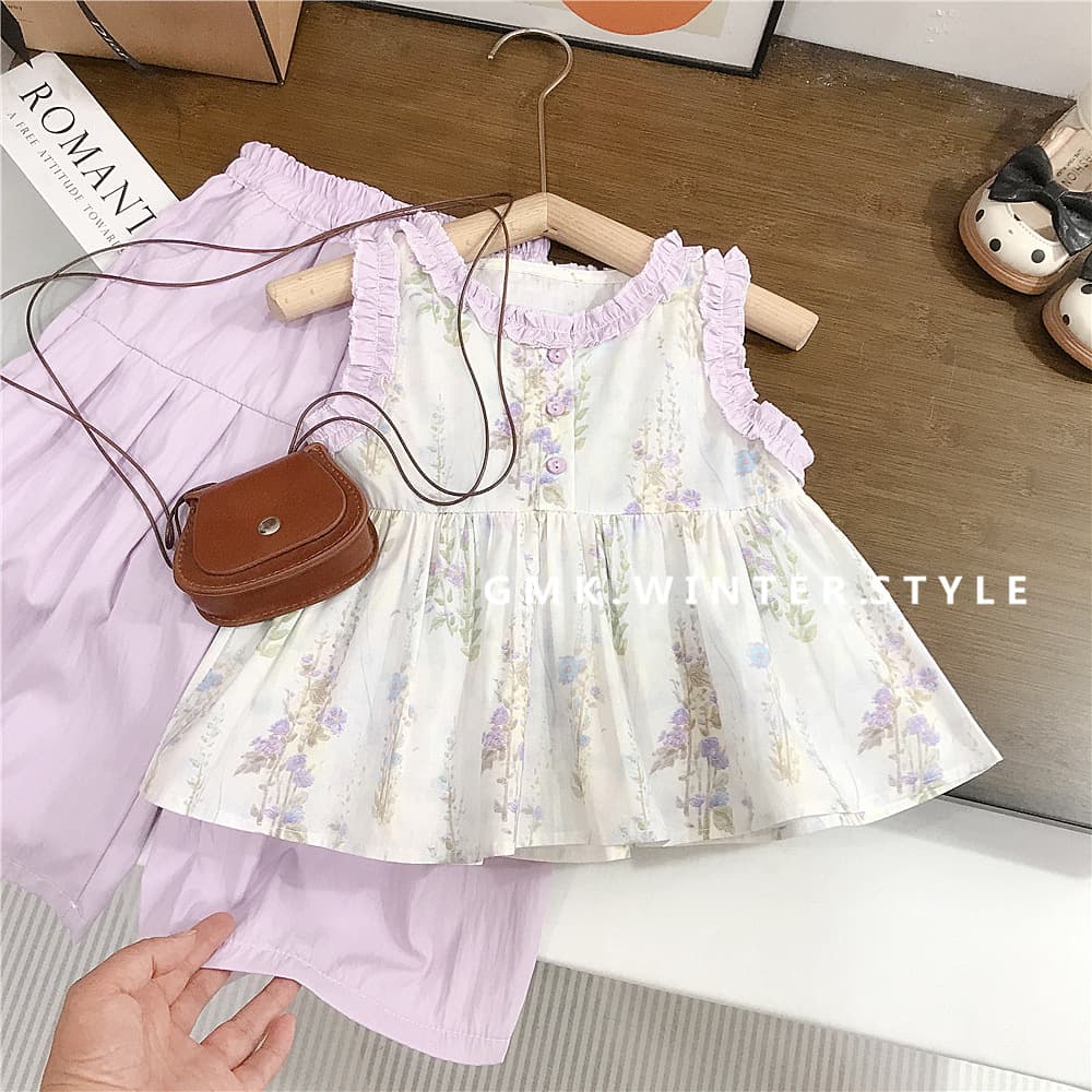 Girls Summer Floral Print Set, New Style, Sleeveless Vest, Casual Two-Piece Outfit for Baby, Export