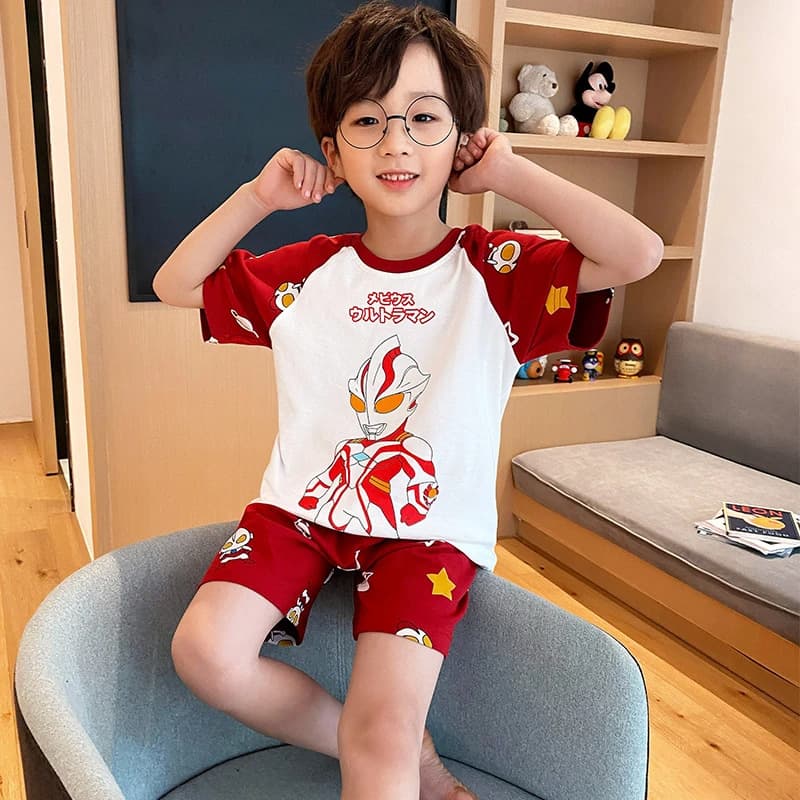 Boys' Children Pajamas Cartoon Ultraman Short Sleeve Set Medium and Large Kids Summer Thin Homewear
