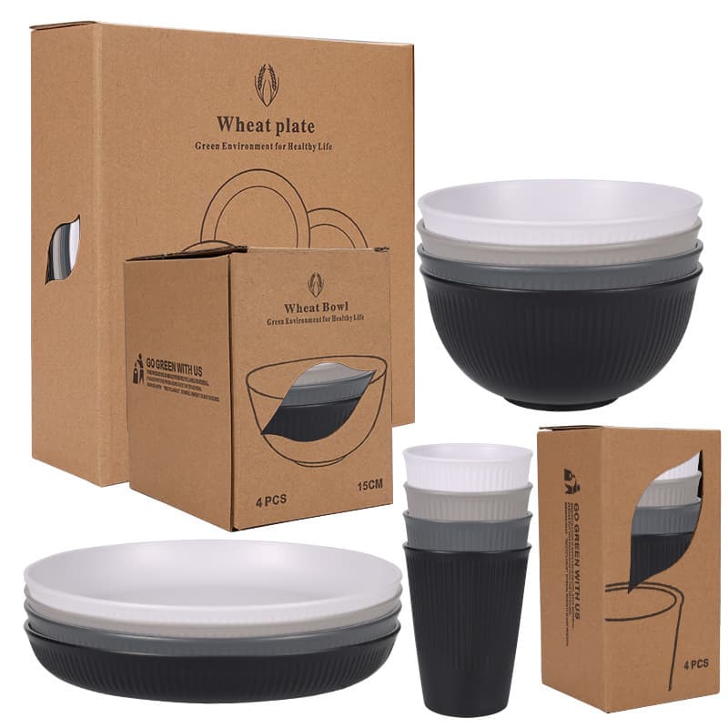Cross-border Meike Duo Wheat Straw Plate Bowl Cup Home Vertical Pattern Dinner Plate Soup Bowl Water Cup 4PCS Gift Tableware Set