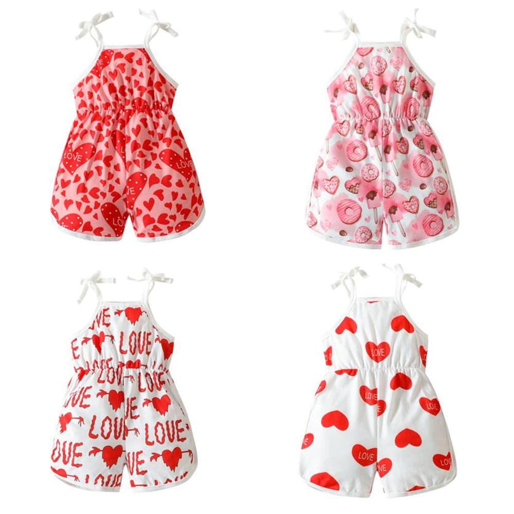Baby Summer Clothes, Heart-Shaped Suspender Jumpsuit, All-Over Love Letter Print Shorts, Kidsren's Casual Jumpsuit