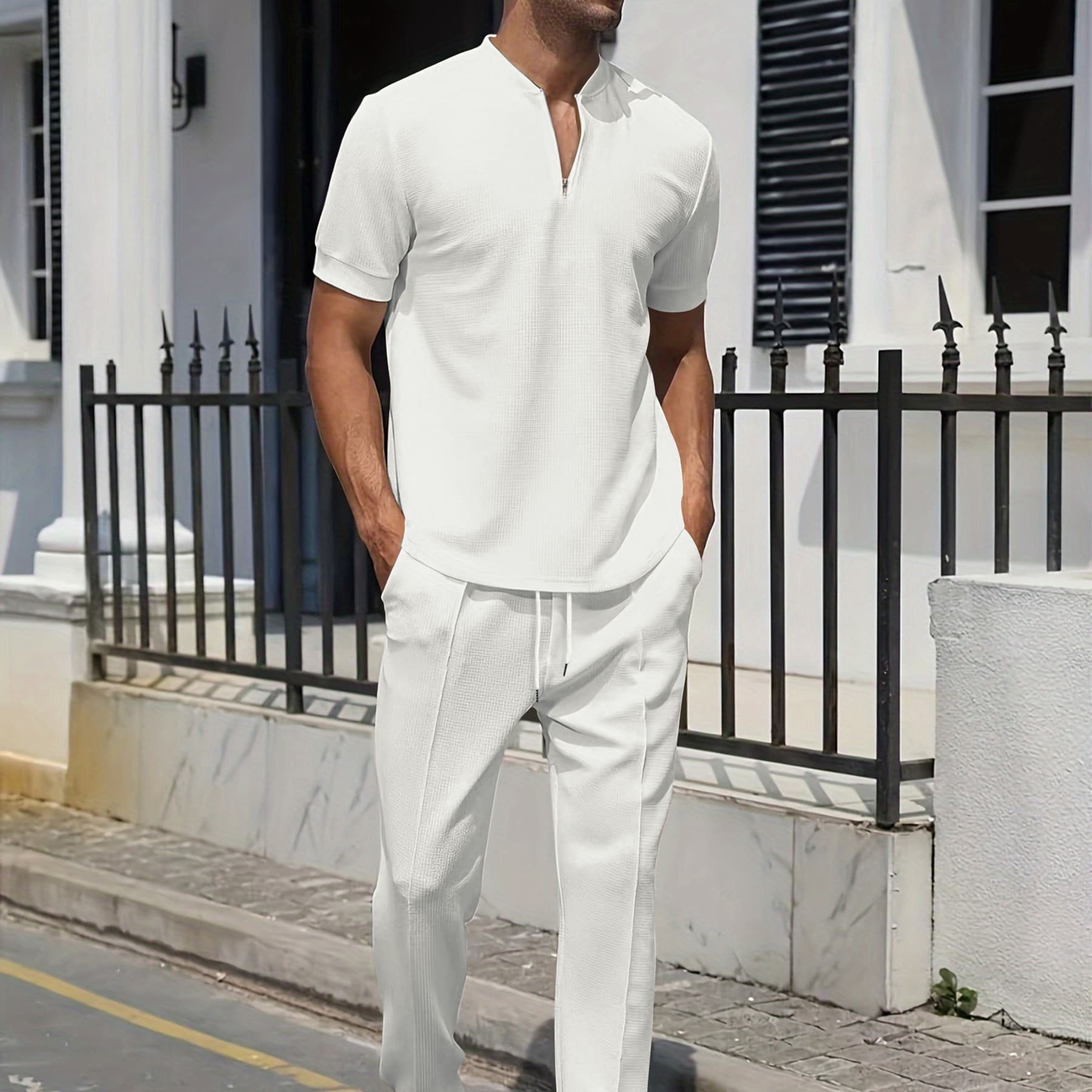 2025 foreign trade summer Amazon European and American men's baseball collar Polo shirt casual loose short-sleeved trousers sports suit