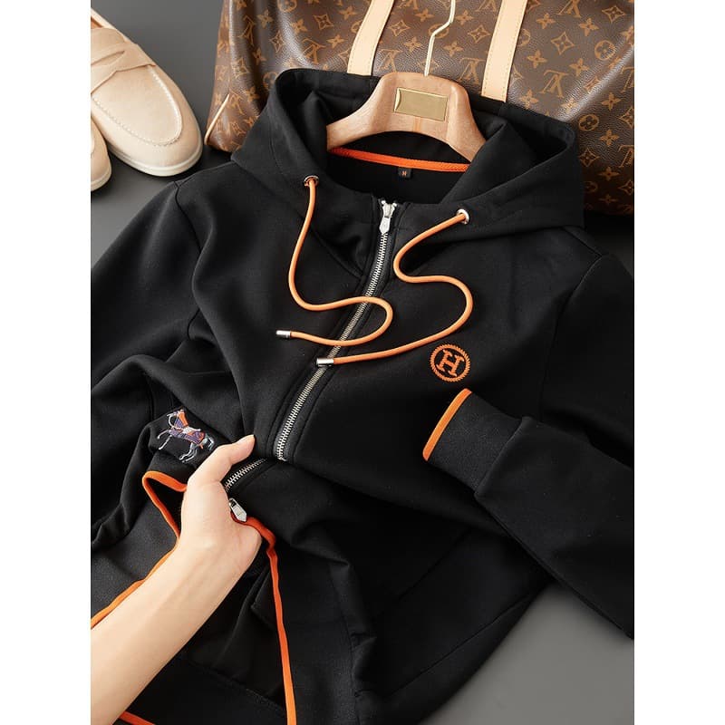 Premium European Style Modal Cotton Blend Hooded Cardigan Sweatshirt for Men, Trendy Contrast Color Embroidery Casual Zip-Up Jacket