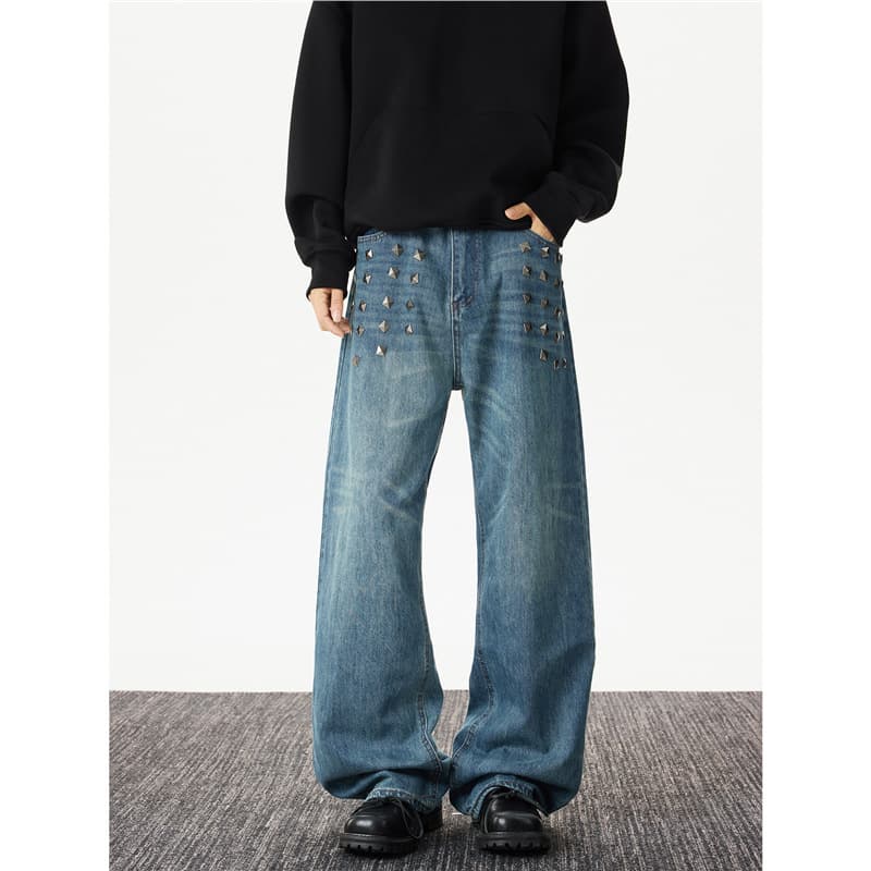 American retro heavy-duty rivet wide-leg jeans for men with niche design whiskers washed straight loose and versatile trousers