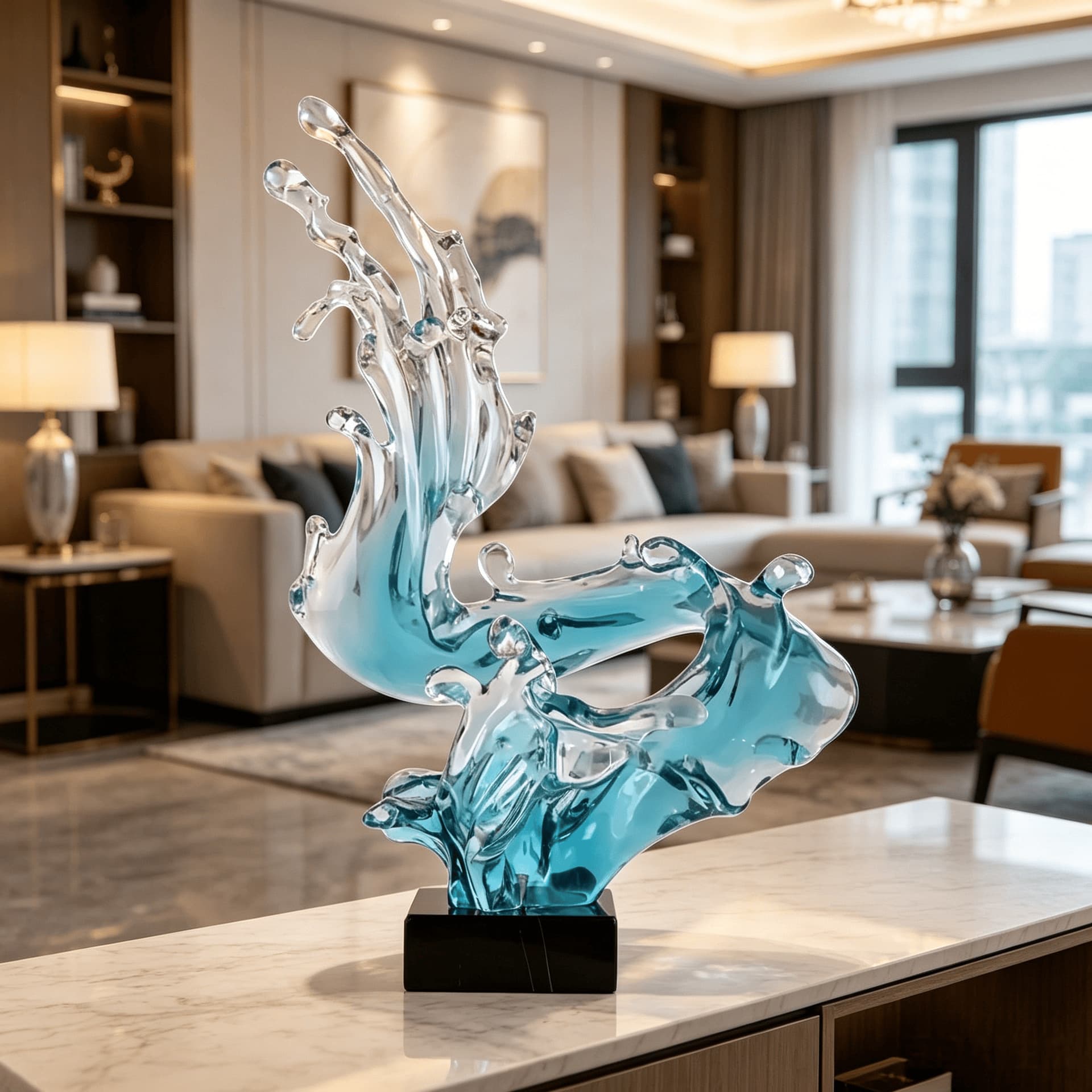 Light Luxury Transparent Resin Wave Sculpture Gradient Abstract Art Ornament Showroom Hotel Living Room Entrance Decoration