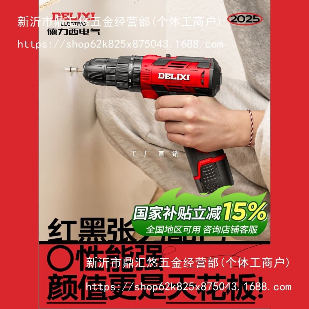 Delixi Brushless Cordless Drill, Household Pistol Grip Lithium-Ion Impact Drill, Multi-Function Rechargeable Electric Screwdriver