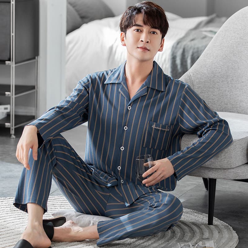 Men's Sleepwear Long Sleeve Cotton Cardigan Casual Loose Home Clothes Set Autumn Winter Large Size Open Front Collar