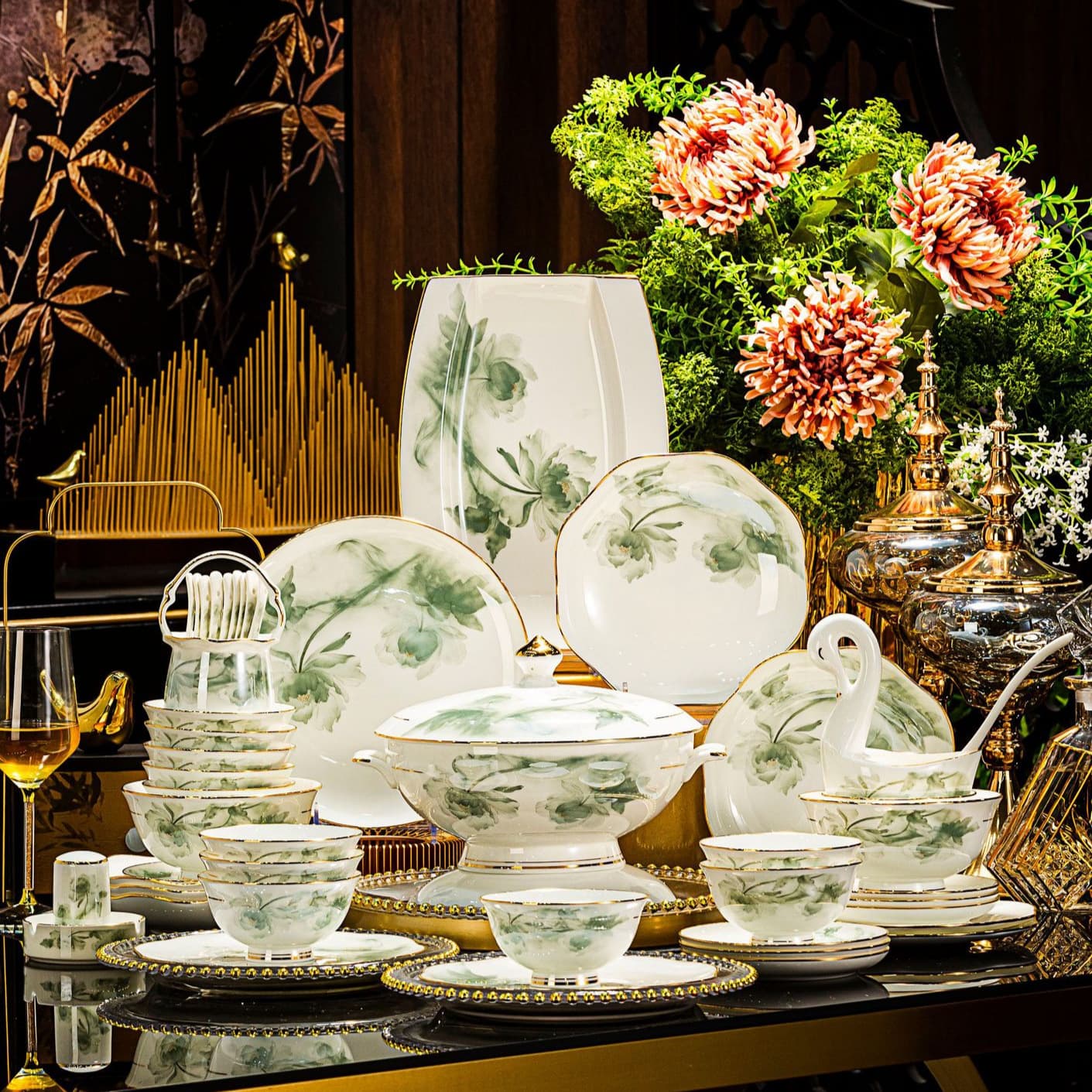Jingdezhen bone china home light luxury ink and blue ceramic tableware housewarming wedding gift European style tableware set
