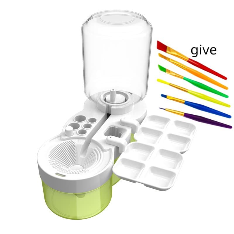 Green Brush Washer with Brush Holder, Press-to-Drain Automatic Water Supply Calligraphy Brush Cleaner