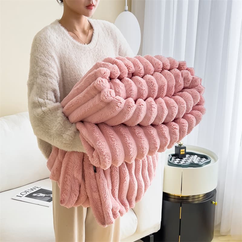 Rabbit Velvet Striped Thick Blanket, Office Nap Blanket, Shawl, Sofa Blanket, Coral Fleece Multifunctional Blanket