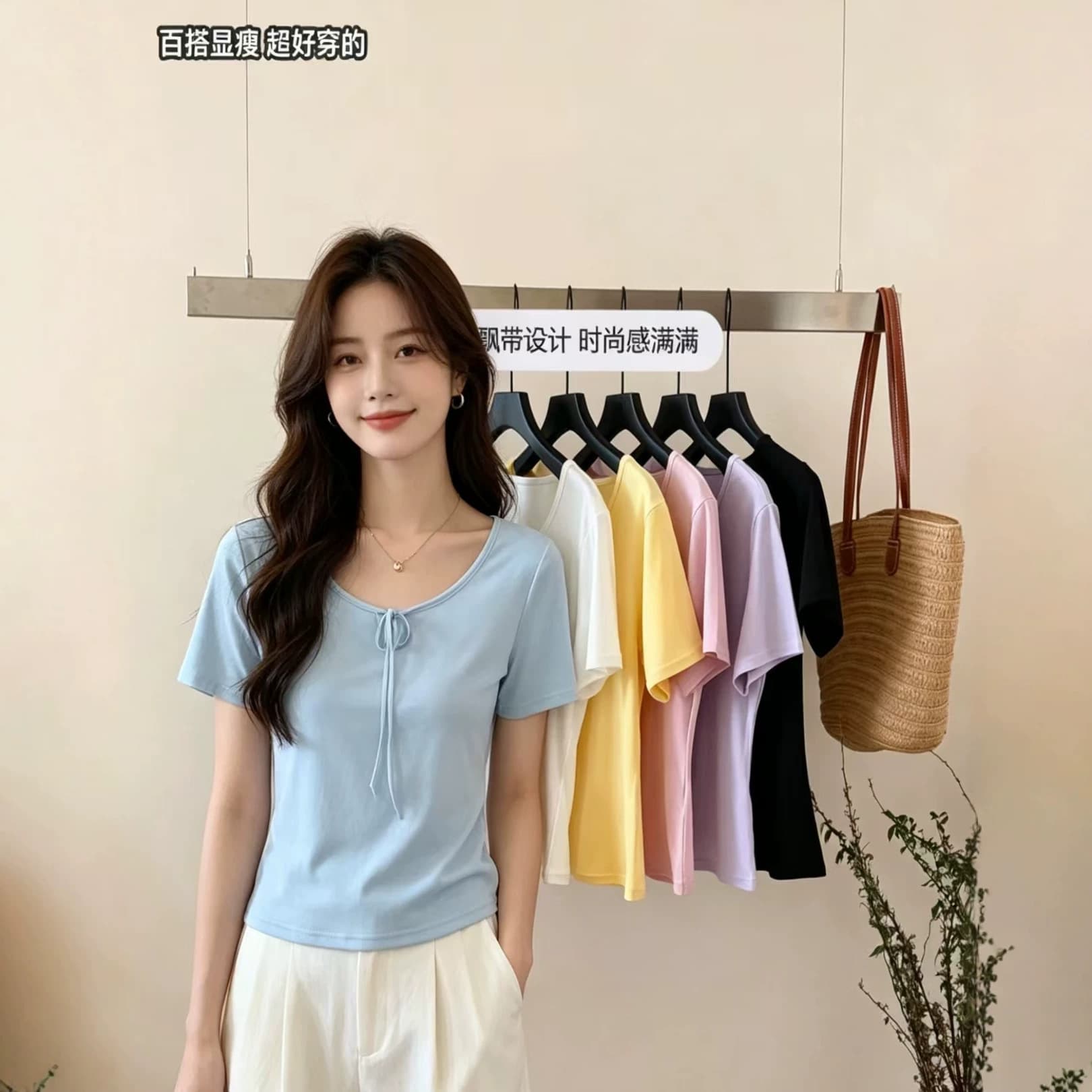 Lyocell Tie-Detail Short Sleeve T-Shirt for Women, Summer Loose Round Neck Casual Top, Cooling Slim Fit Tee