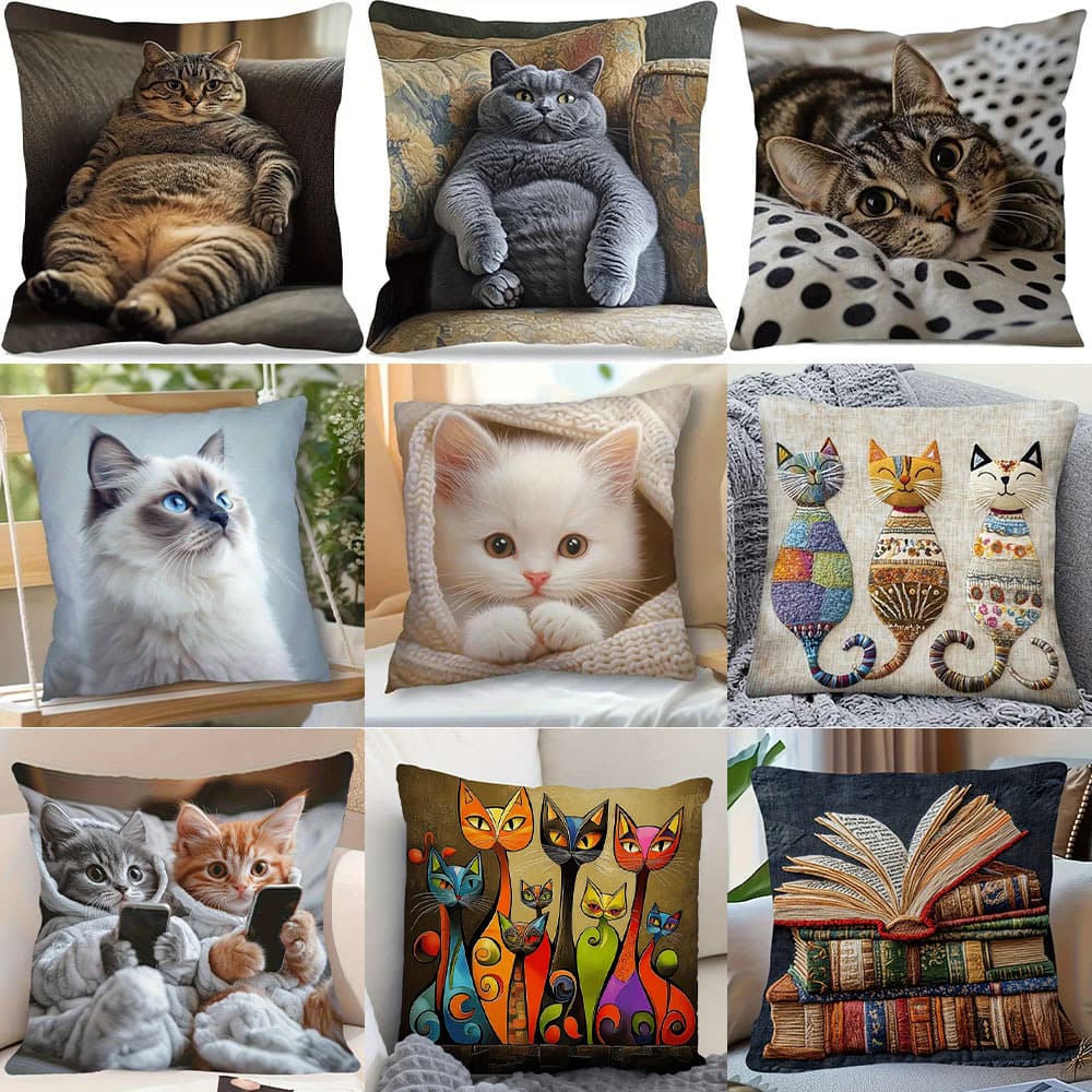 Cross-border Sofa Throw Pillow Cover, Skin-friendly Short Plush, Cute Animal Cat Pillow Cover, Living Room Cushion Cover, Insert Not Included