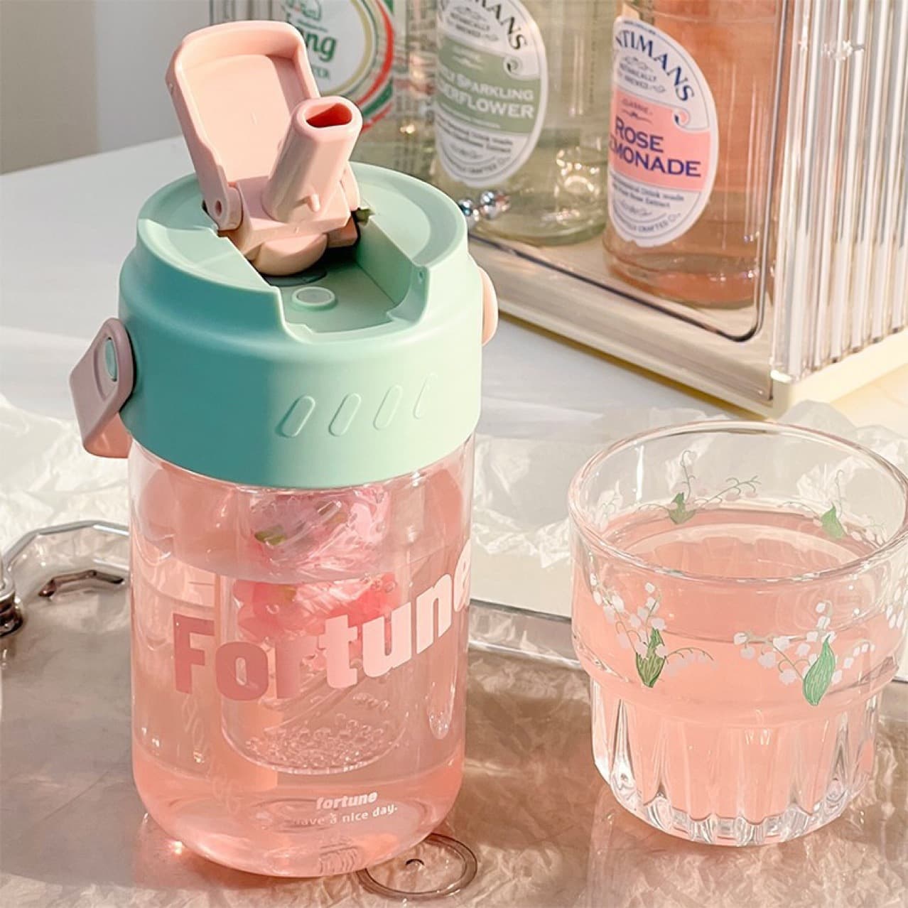New Floral Tea Filter Water Bottle Fruit-Flavored Water Cup Student Drop-Resistant Portable Cup Ins-Style Travel Mug Home Use
