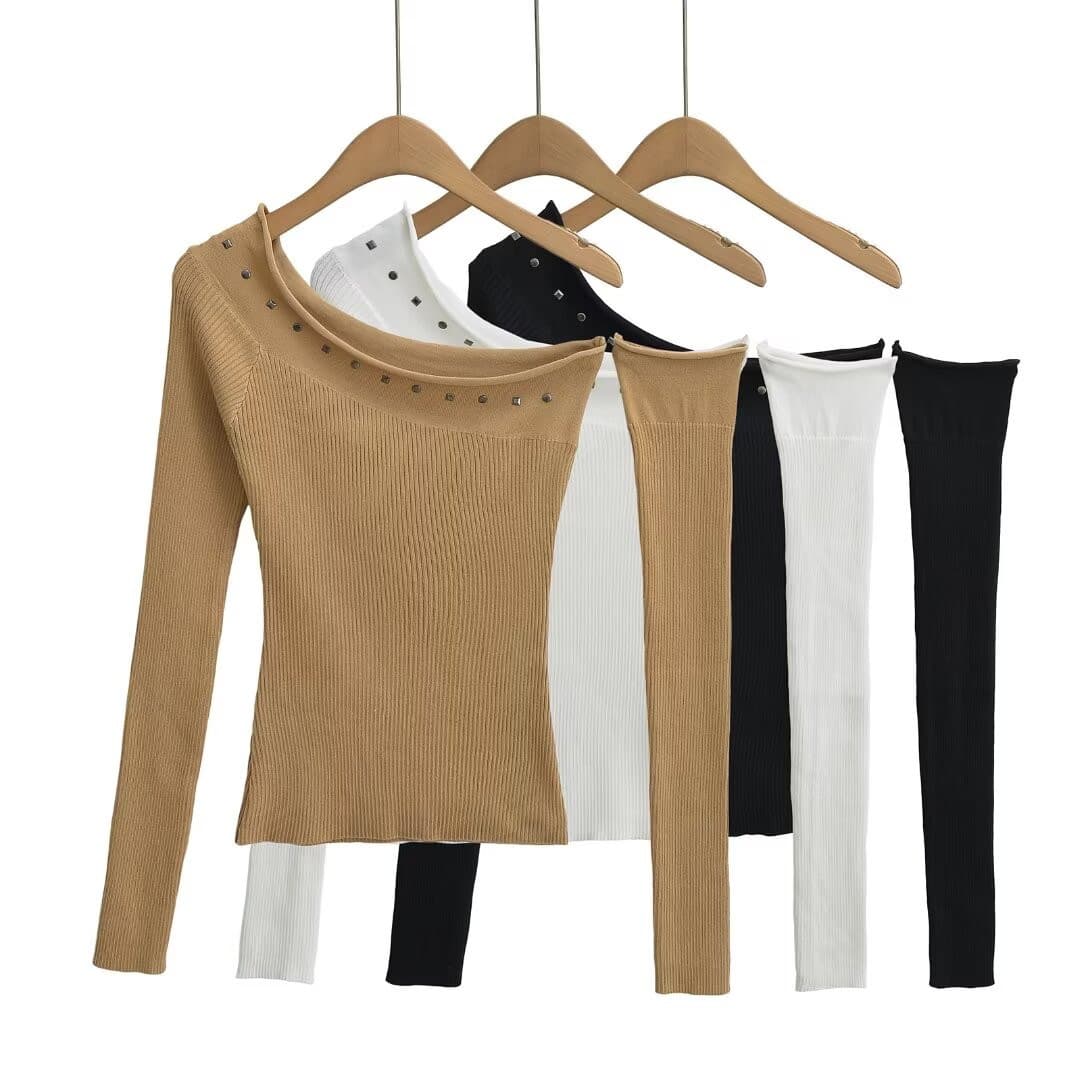 Korean Style 2024 New Western Fashion Niche Off-Shoulder Asymmetric Neck Hot Girl Solid Color T-Shirt Rivet Slim Fit Long Sleeve Top