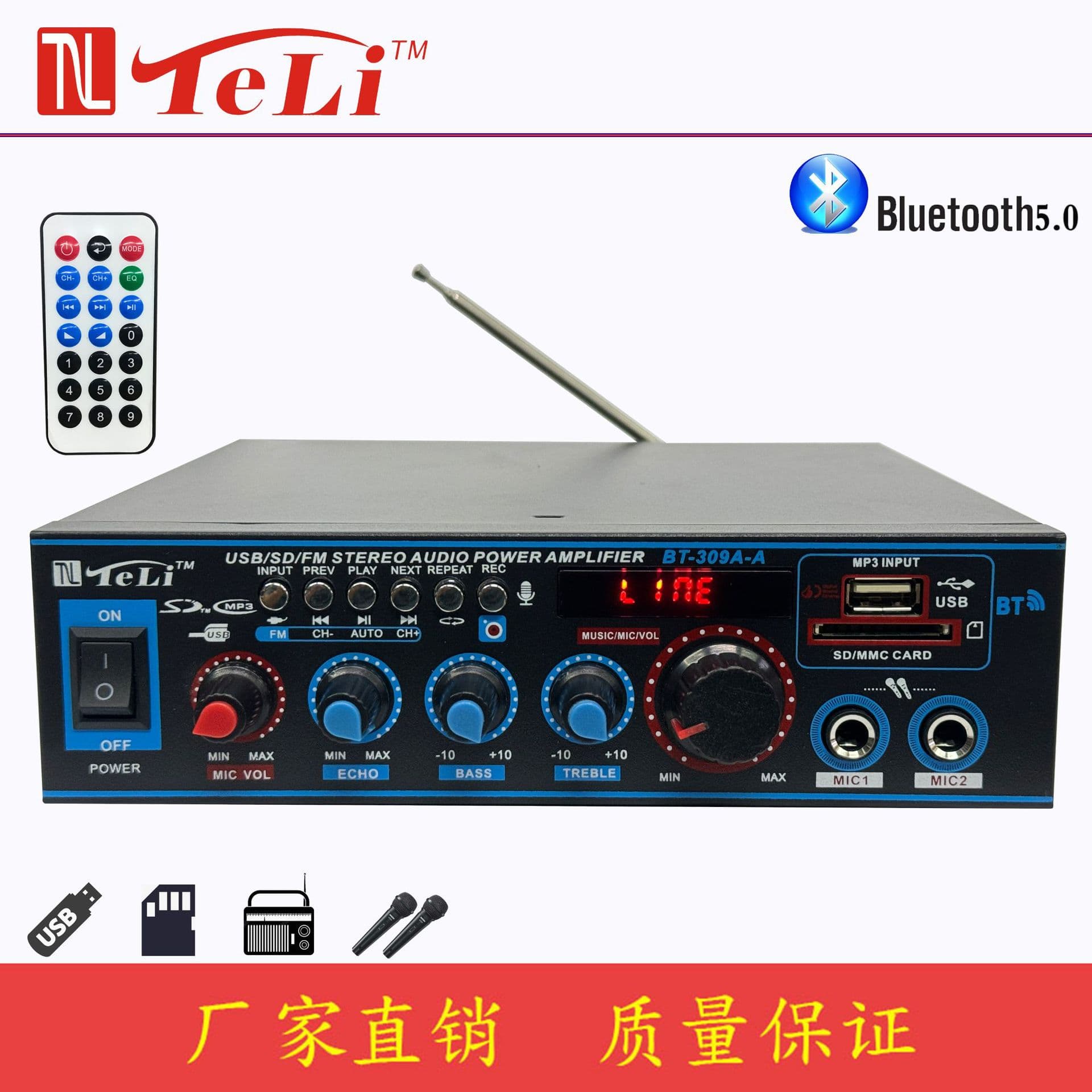 Home Car Use 12V 220V Amplifier with Recording Bluetooth Function High Power Audio Amplifier Machine